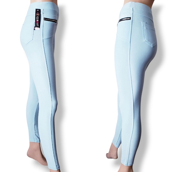 Light Turquoise High Waist Leggings With Front Zippers by XJ Boost - Picture 4 of 7